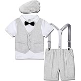 A&J DESIGN 5pcs Toddler Baby Boys Suit Set, 12 Months - 3T, Gentleman Suit Shirt & Shorts & Vest & Hat & Bow Tie