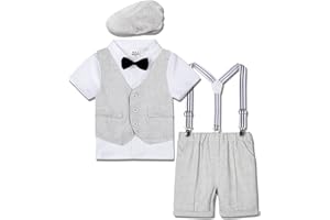 A&J DESIGN 5pcs Toddler Baby Boys Suit Set, 12 Months - 3T, Gentleman Suit Shirt & Shorts & Vest & Hat & Bow Tie