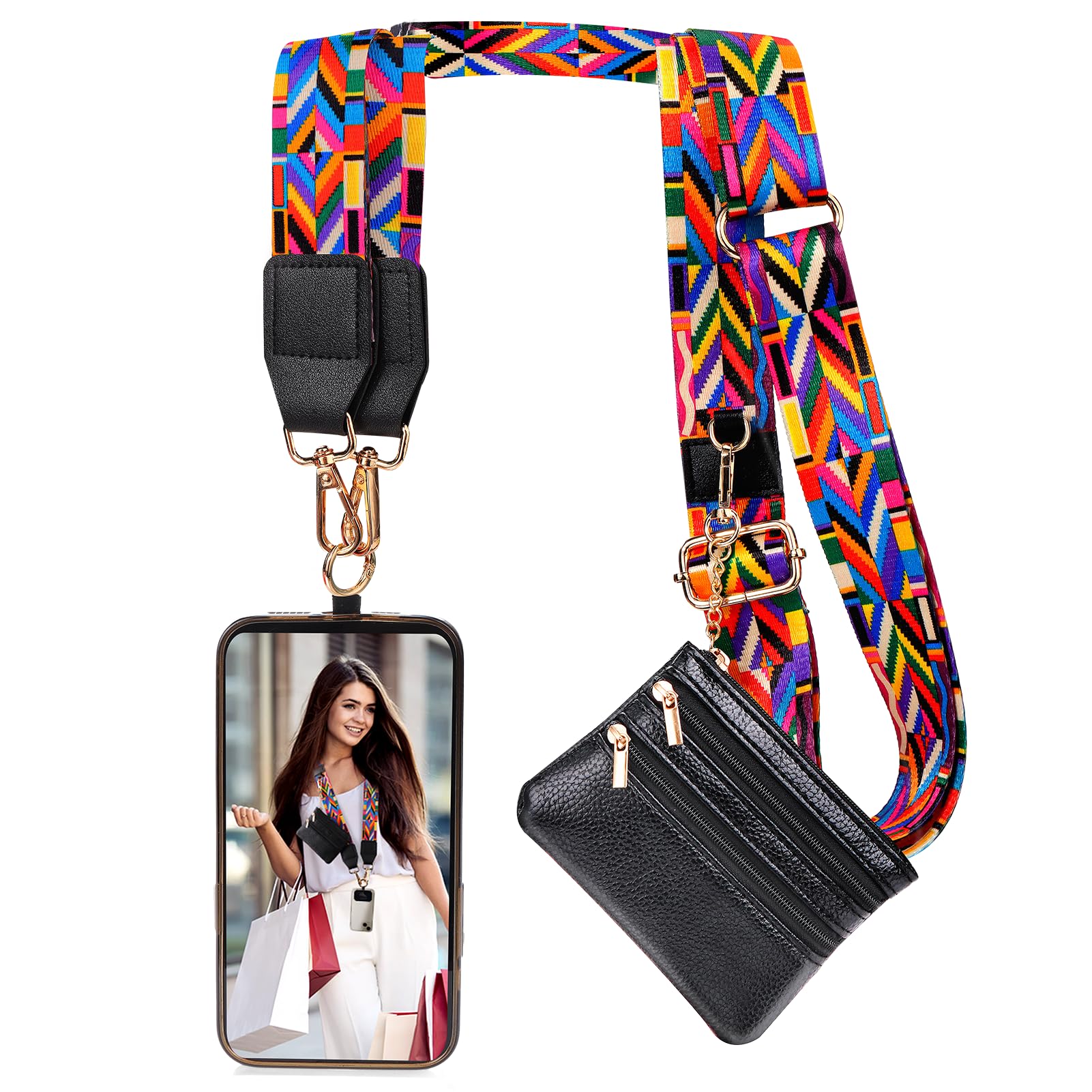 Photo 1 of XANGNIER Clip and Go Strap for Phone with Wallet Crossbody, Phone Strap with Zippered Wallet, Adjustable Anti Theft Cellphone Lanyard for Women, Cellphone Chain Accessories,Multicolor 10