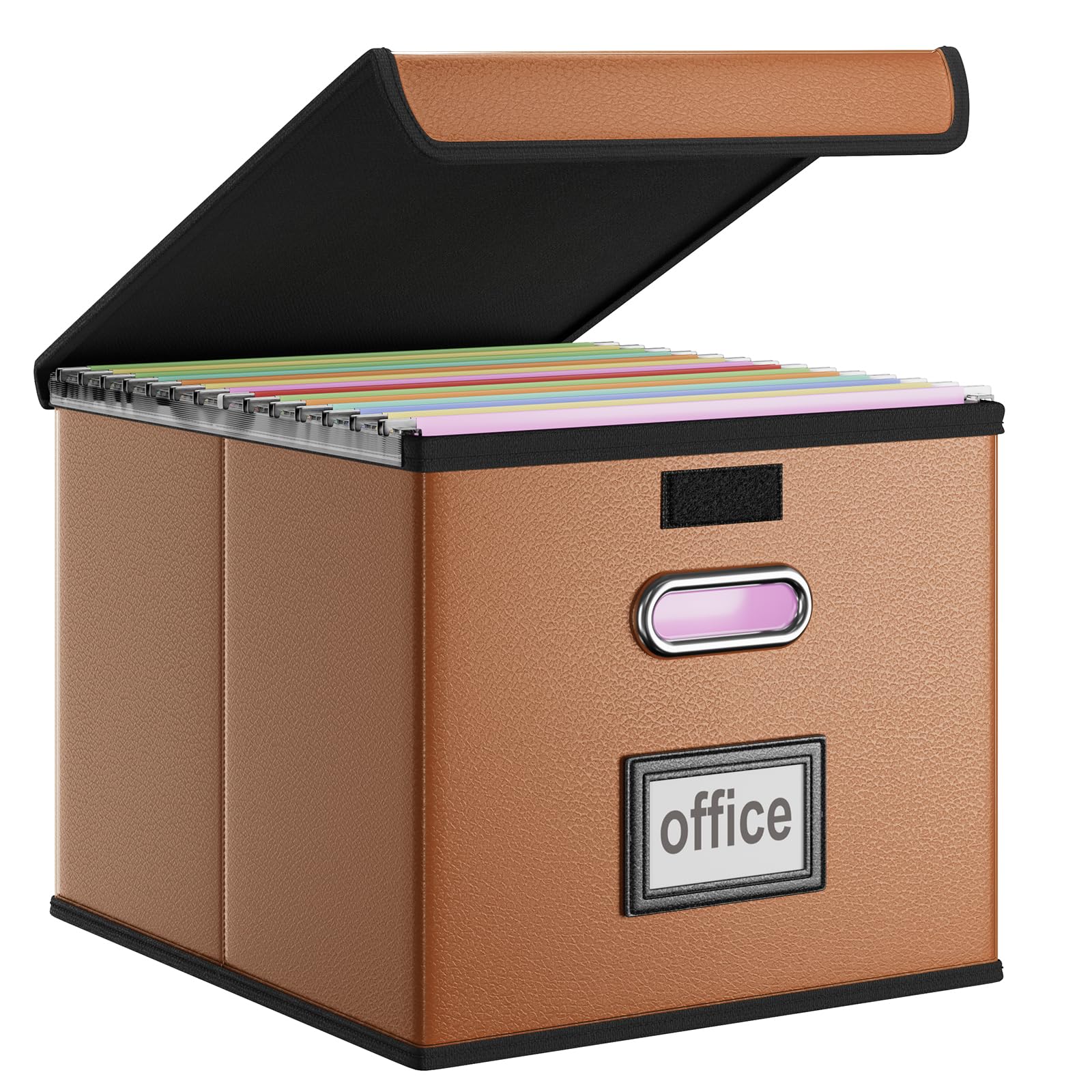 Photo 1 of Huolewa Faux Leather File Organizer Box with Lid, Collapsible Hanging File Folder Box Organizer with Plastic Slides, Decorative Home/Office Filing System Boxes for File and Folder Storage