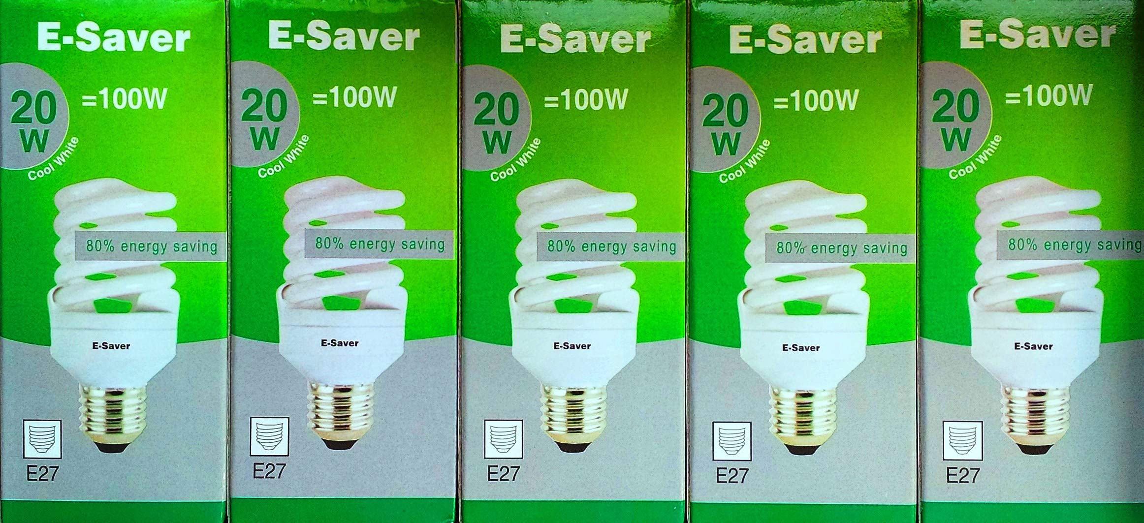 E-Saver - CFL Full Spiral - Energy Saving Light Bulbs -20w = 100 Watt - (Pack of 5) - 4200k Cool White Light Bulbs - Screw in Cap - Screw Edison (ES - E27 Bulb)