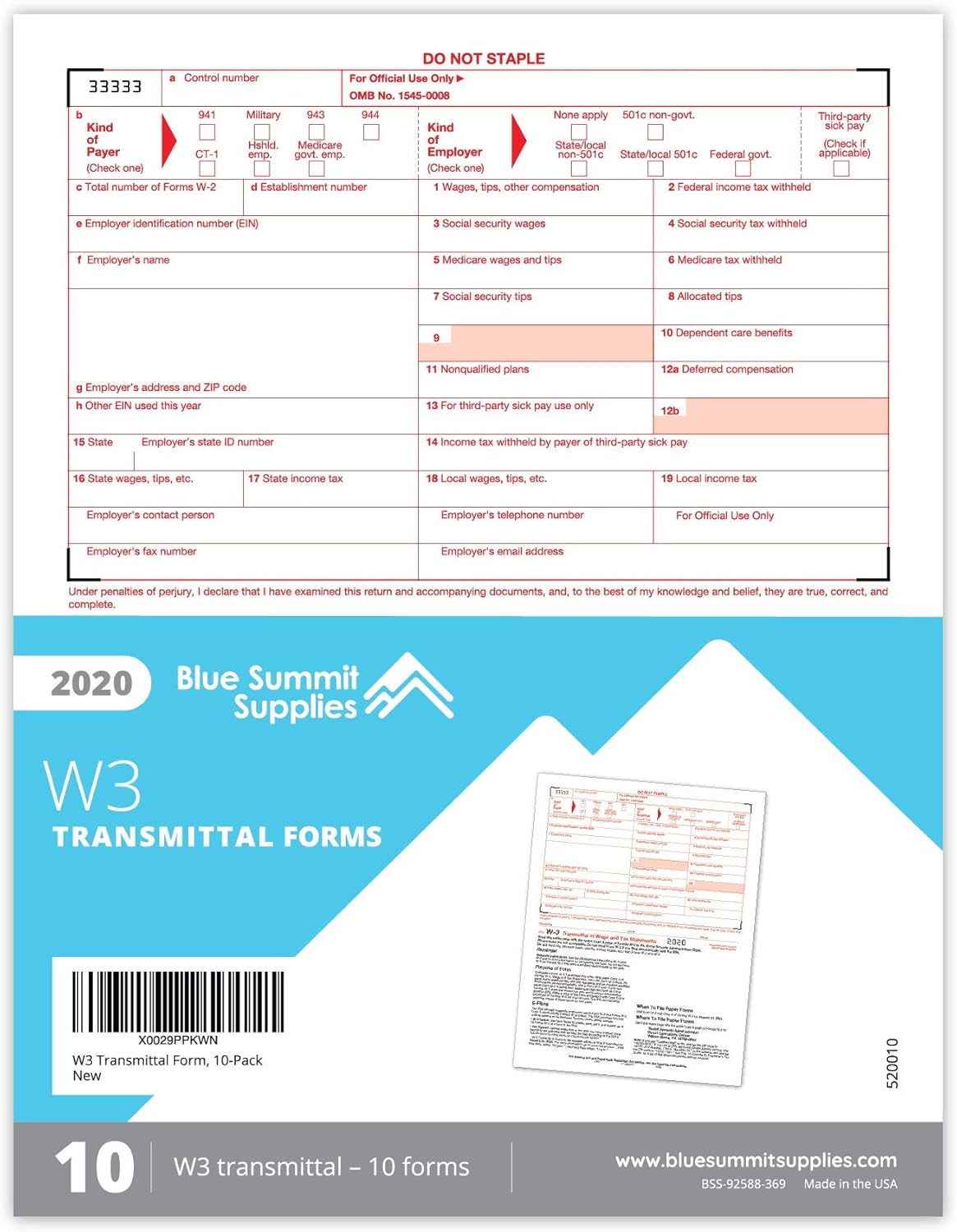 W3 Transmittal Tax Forms 2020, 10 Form W-3 Summary Laser Forms for Transmittal of Wage and Tax Statements, W-3 Forms, Compatible with QuickBooks and Accounting Software, 10 Pack : Office Products