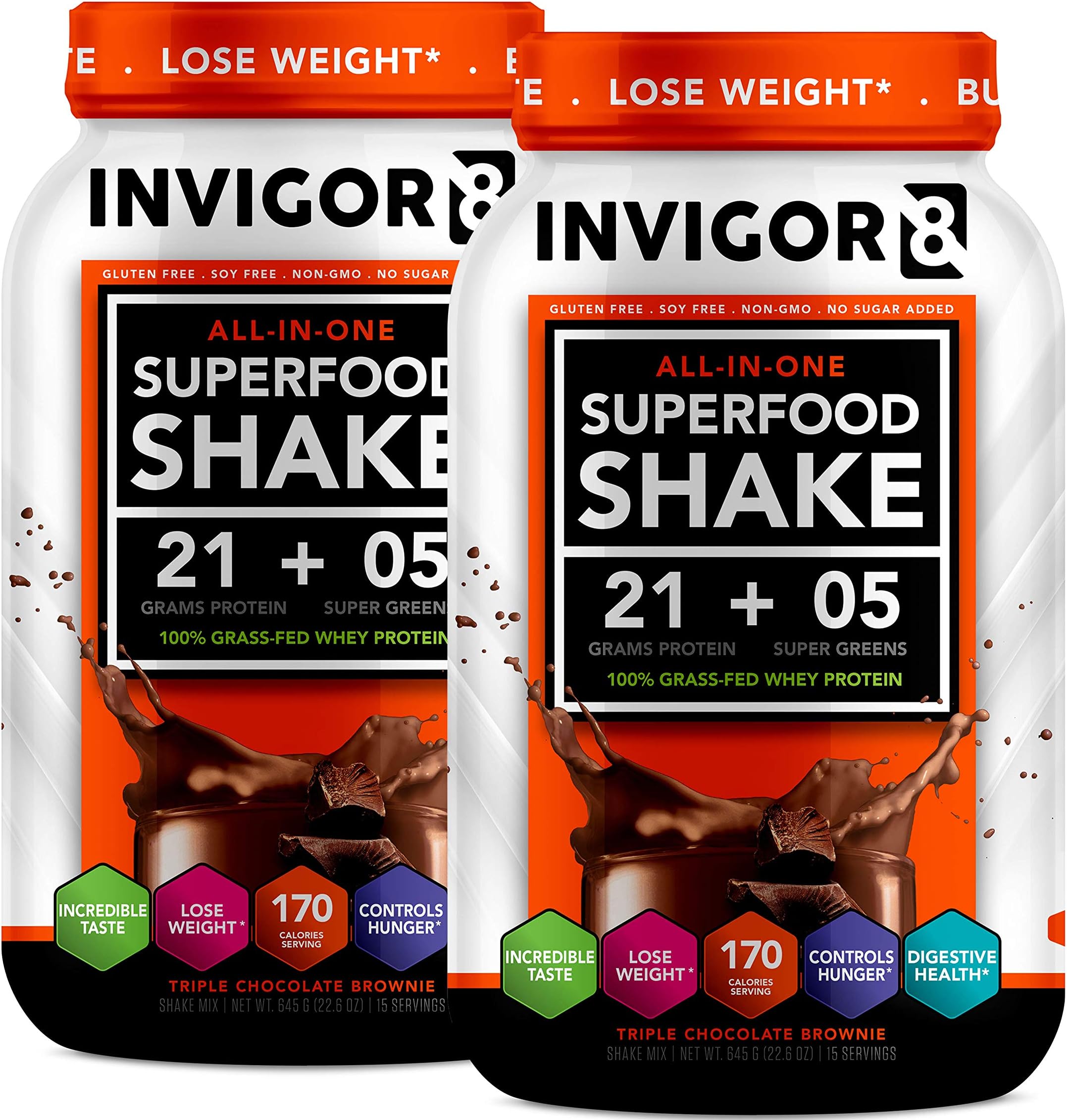 INVIGOR8 Superfood Shake Gluten-Free and Non GMO Meal Replacement Grass-Fed Whey Protein Shake with Probiotics and Omega 3 (645g) … (2-Pck Chocolate (Save 15))
