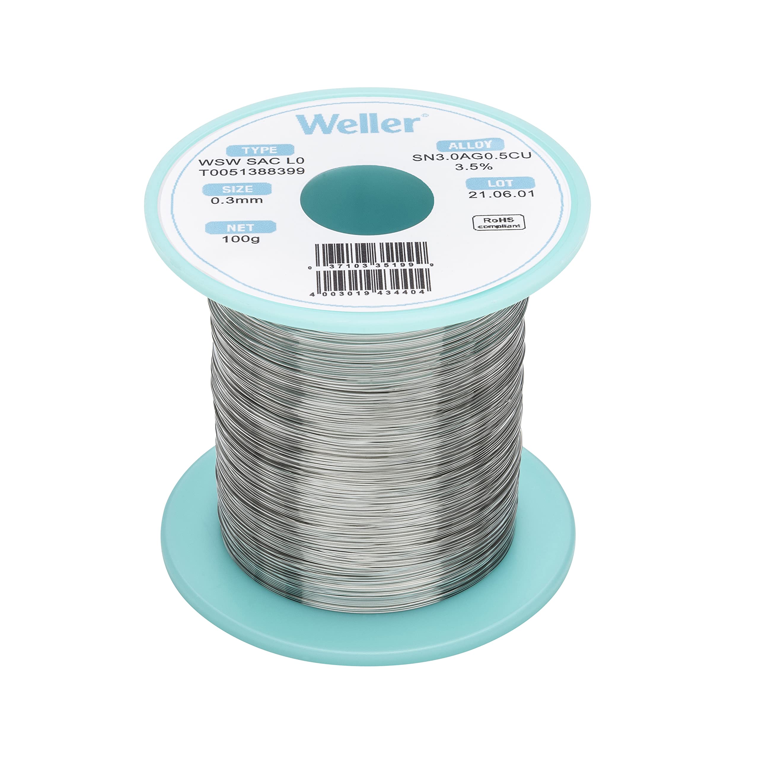 Weller WSW SAC L0 (T0051388399) Lead Free Solder Wire, Ø 0.3mm, Alloy Sn96.5Ag3.0Cu0.5, Flux Content 3.5%, 100g, Silver