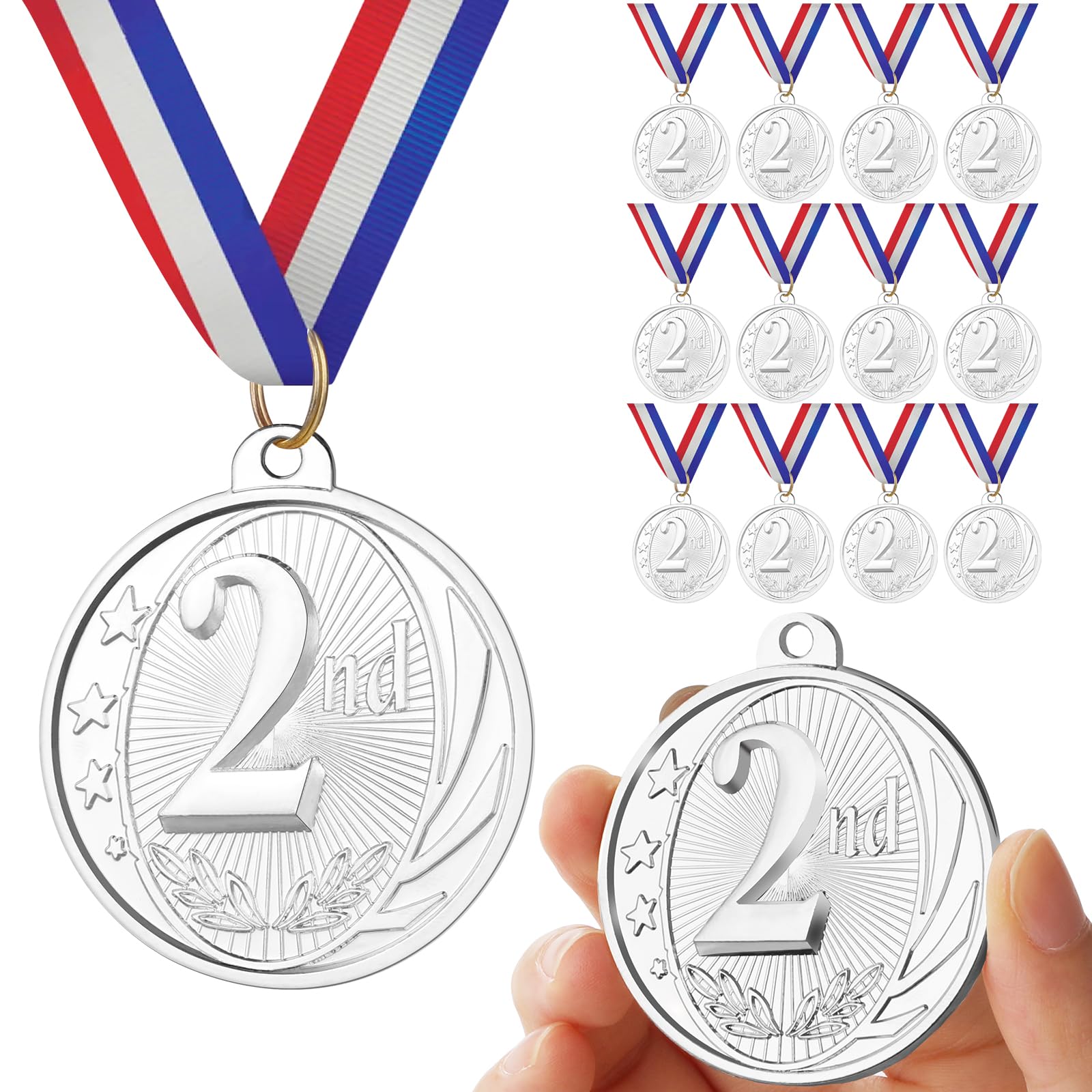 GeeRic 12PCS Silver Medals, Metal Medal with Neck Ribbons for Kids/Adults/Student/Athlete 2nd Medal Winner Medals for Competition/Sports/Party Decoration