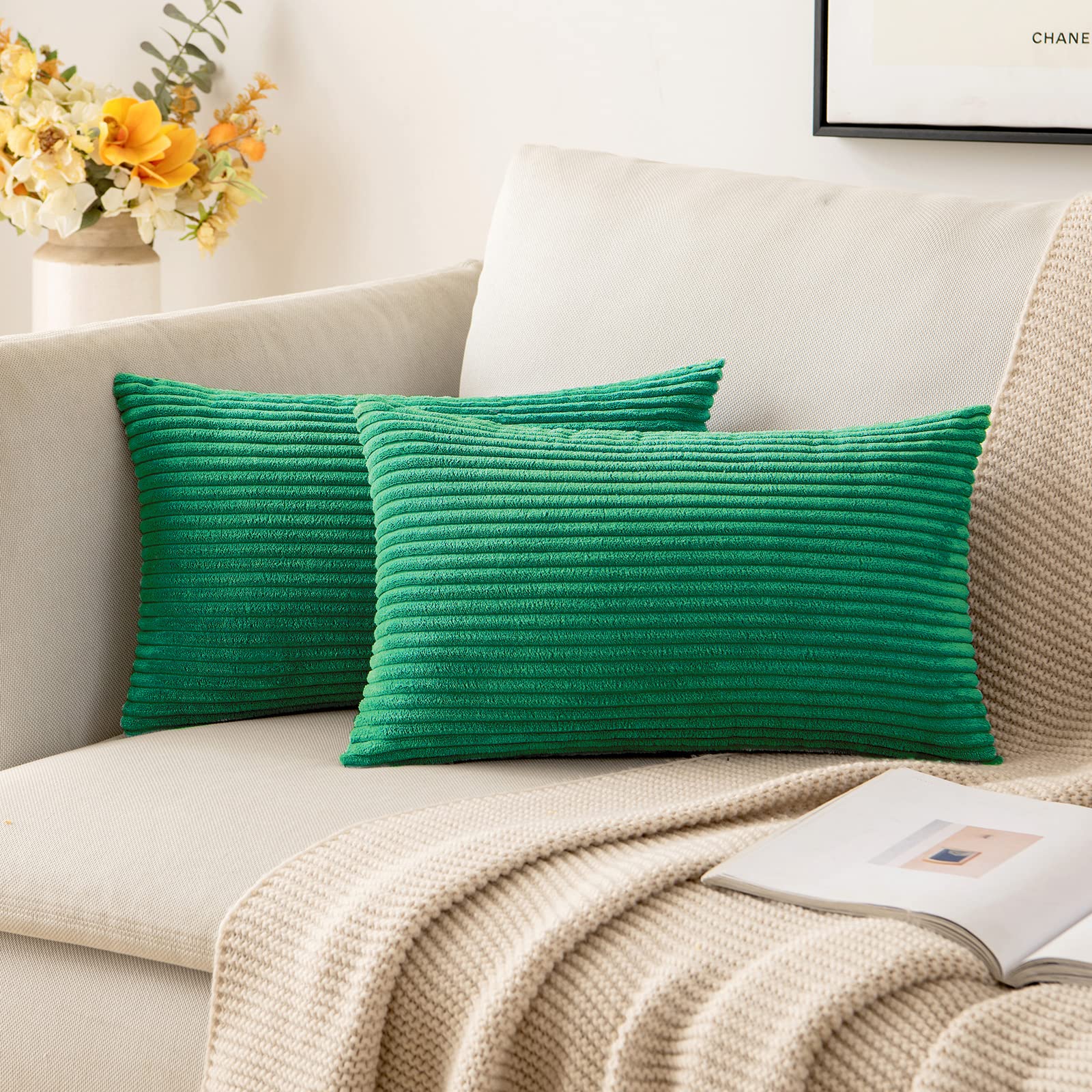 MIULEE Cushion Covers Striped Corduroy Throw Pillow Covers Decorative Pillows Pillowcases Decor for Sofa Couch Living Room 30x50 cm 12x20 Inch Dark Green — image 1