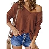 Women Sweaters Fall V Neck One Shoulder Lightweight Loose Long Sleeve Soft Tops