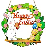 Wooden Easter Wreath Door Sign, Easter Front Door Decor with Bunny & Egg, Happy Easter Decorations for Home Indoor Outdoor Hanging Spring Easter Decor Party Supply