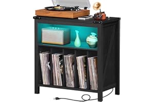 Large Record Player Stand with Charging Station & LED Lights, Black Vinyl Record Storage Holder Holds up to 230 Albums, Turnt
