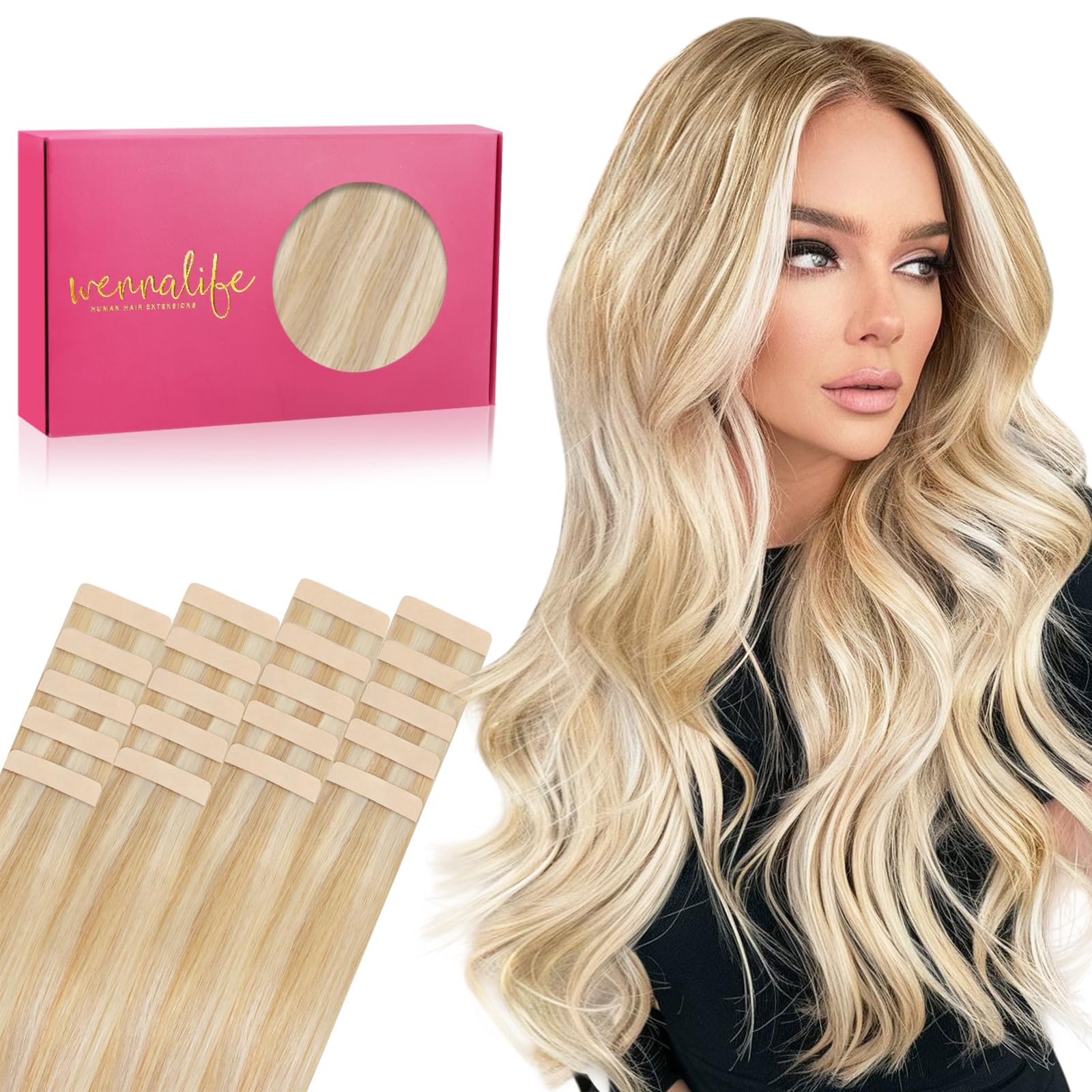 WENNALIFE Tape in Hair Extensions Human Hair, 20pcs 26 inch 60g Dirty Blonde Highlighted Bleach Blonde Real Human Hair Tape Extensions Remy Tape Hair Extensions Straight Hair Extensions — image 1