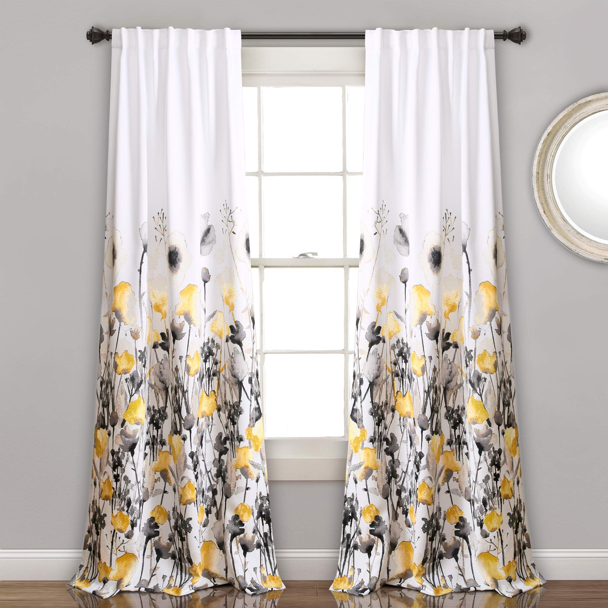 Lush Decor, Yellow and Gray Zuri Flora Curtains Room Darkening Window Panel Set for Living, Dining, Bedroom (Pair), 95” x 52, 95" x 52"