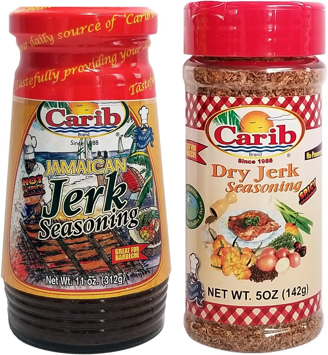 Carib Hot Jamaican Jerk Seasoning 11 Ounce with Dry Jerk Seasoning 5 Ounce (Pack of 2)