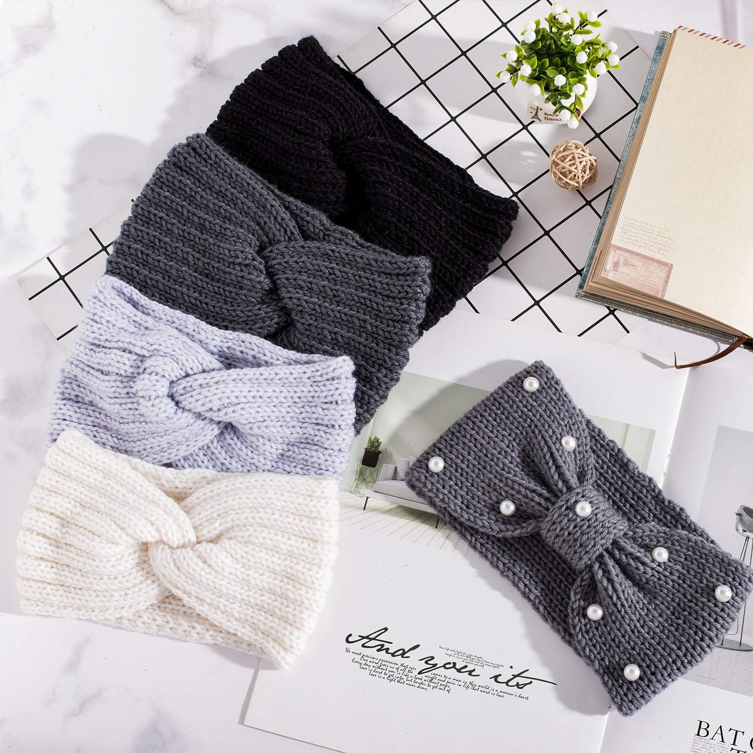 Whaline 5 Pieces Winter Knit Headbands Chunky Knit Headbands,4 Elastic Turban Head Wraps and 1 Pearl Crochet Hair Band - Image 5