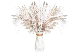 Motionchic 50 Pcs Champagne Gold and White Christmas Tree Picks and Sprays Xmas Tree Topper Glitter Pine Twigs Faux Glittery Branch Stems for Christmas Vase Wreath Decoration DIY Craft Supplies