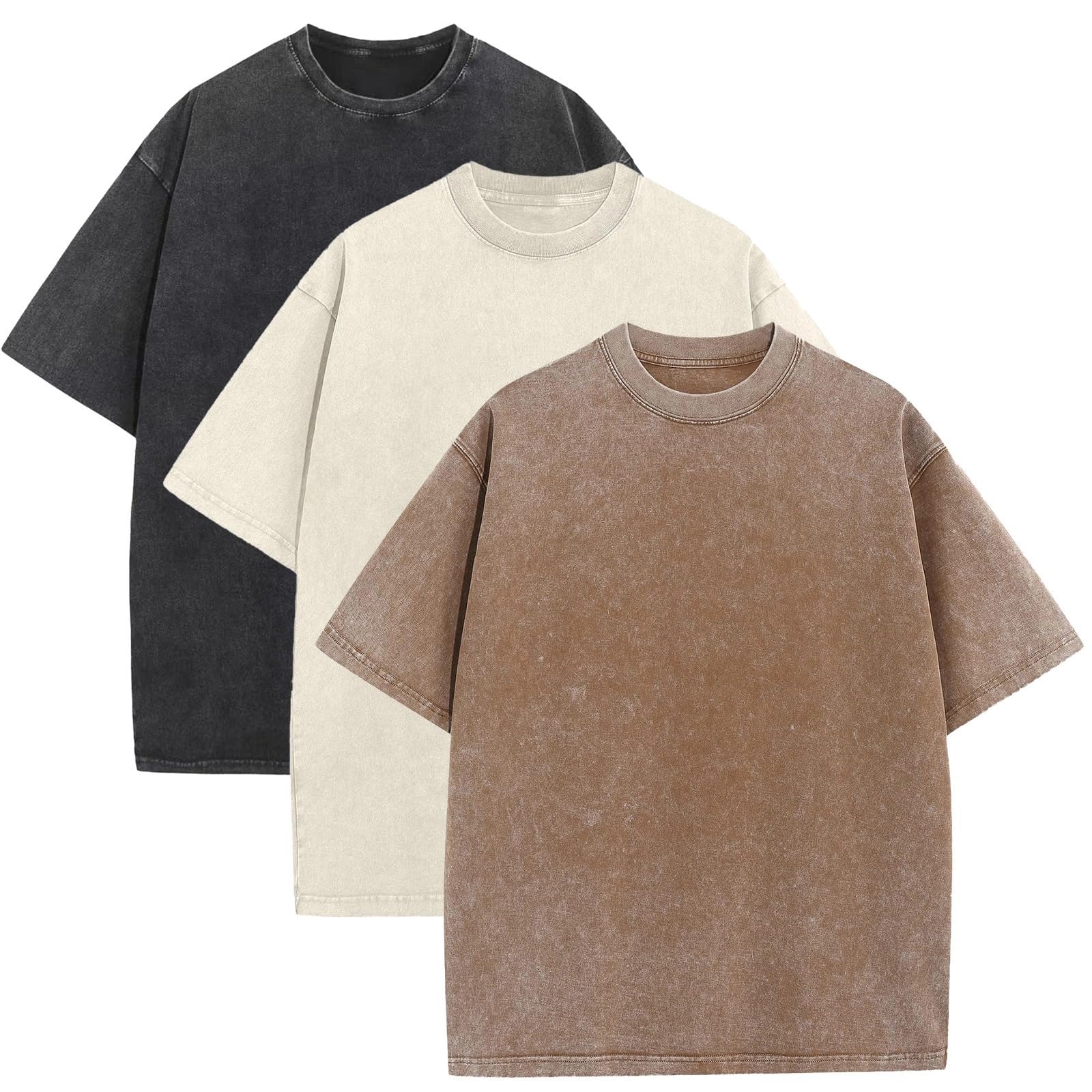 3 Pack Men's Oversized Cotton T-Shirts Loose Fit Vintage Tee Short Sleeve Casual Tshirts Solid Tops(BGCFBK,S) Image