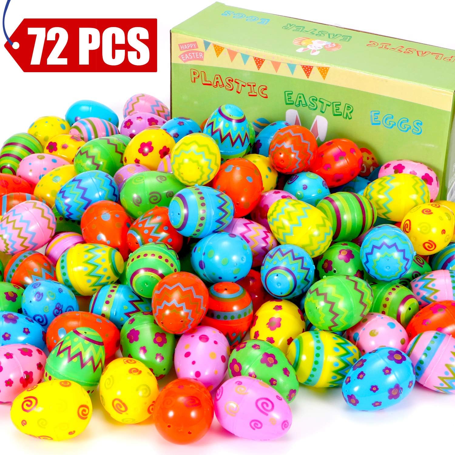 Sizonjoy 72 Pcs Plastic Easter Eggs for Easter Hunt Decorations,2.36'' Tall Printed Colorful Plastic Eggs,Perfect for Classroom Prizes,Party Favors