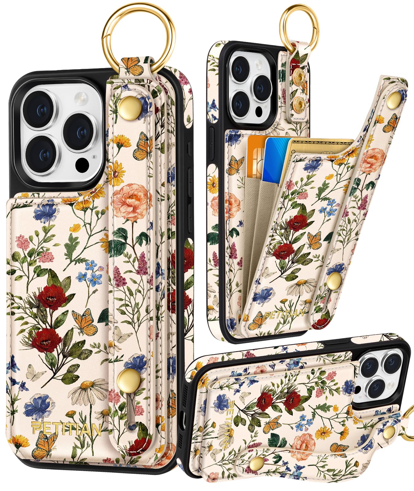 Photo 1 of Petitian for iPhone 13Pro Case with Wallet - Women Girls Cute Girly Aesthetic Unique Design Leather Credit Card Holder Cardholder Stand Wristband for iPhone 13 Pro, Vin Flower