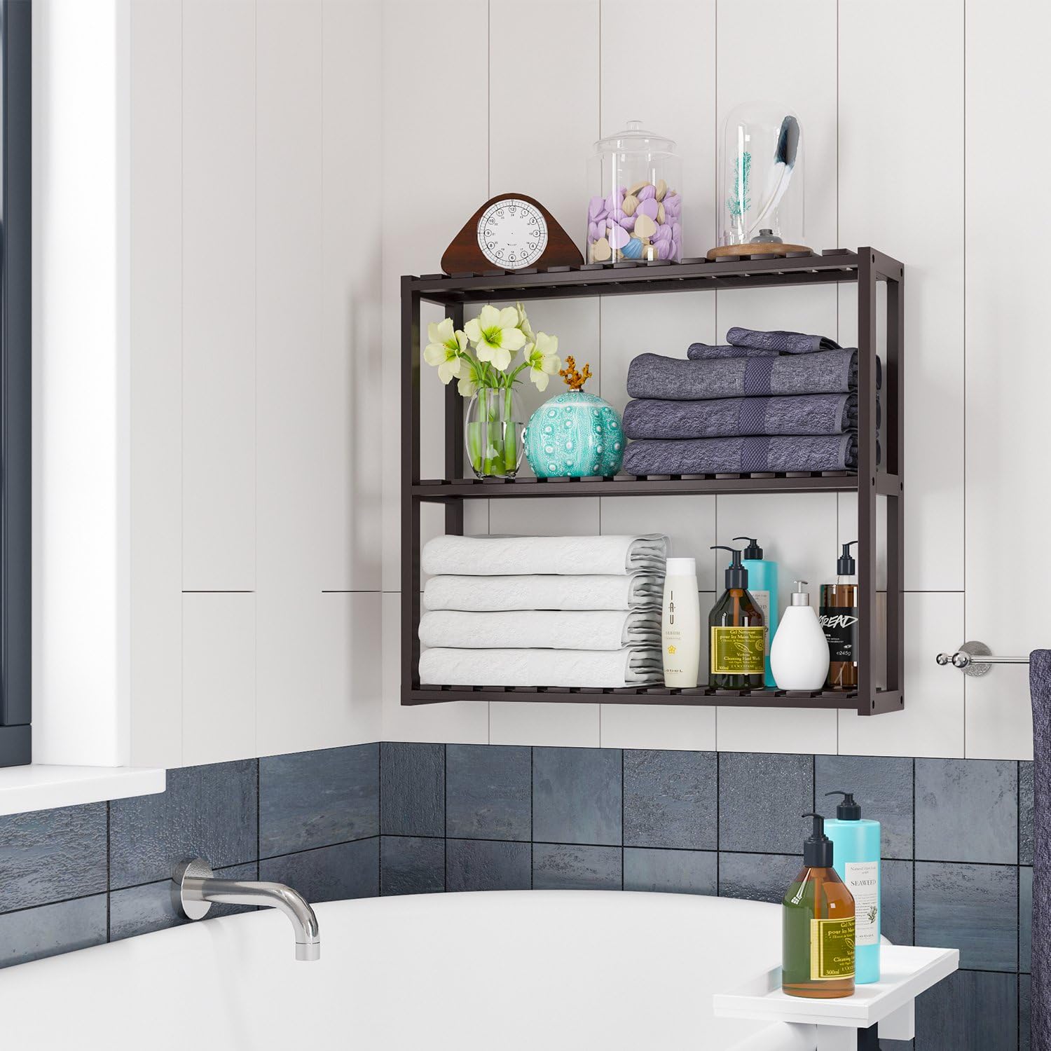 HOMFA Bamboo Bathroom Shelf 3-Tier Multifunctional Adjustable Layer Rack Wall Mounted Utility Storage Organizer Towel Shelves Kitchen Living Room Holder Dark Brown: Home Improvement