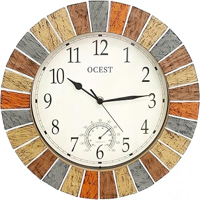 OCEST 13 inch Garden Clock Outdoor Indoor Weather Resistant Thermometer