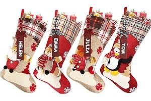 Dreampark Christmas Stockings Personalized 4 Pcs - 18" Classic Xmas Stockings with Name Tags - Santa Snowman Reindeer Penguin Christmas Stocking Decorations Home Decor Party Supplies & Kids Gifts