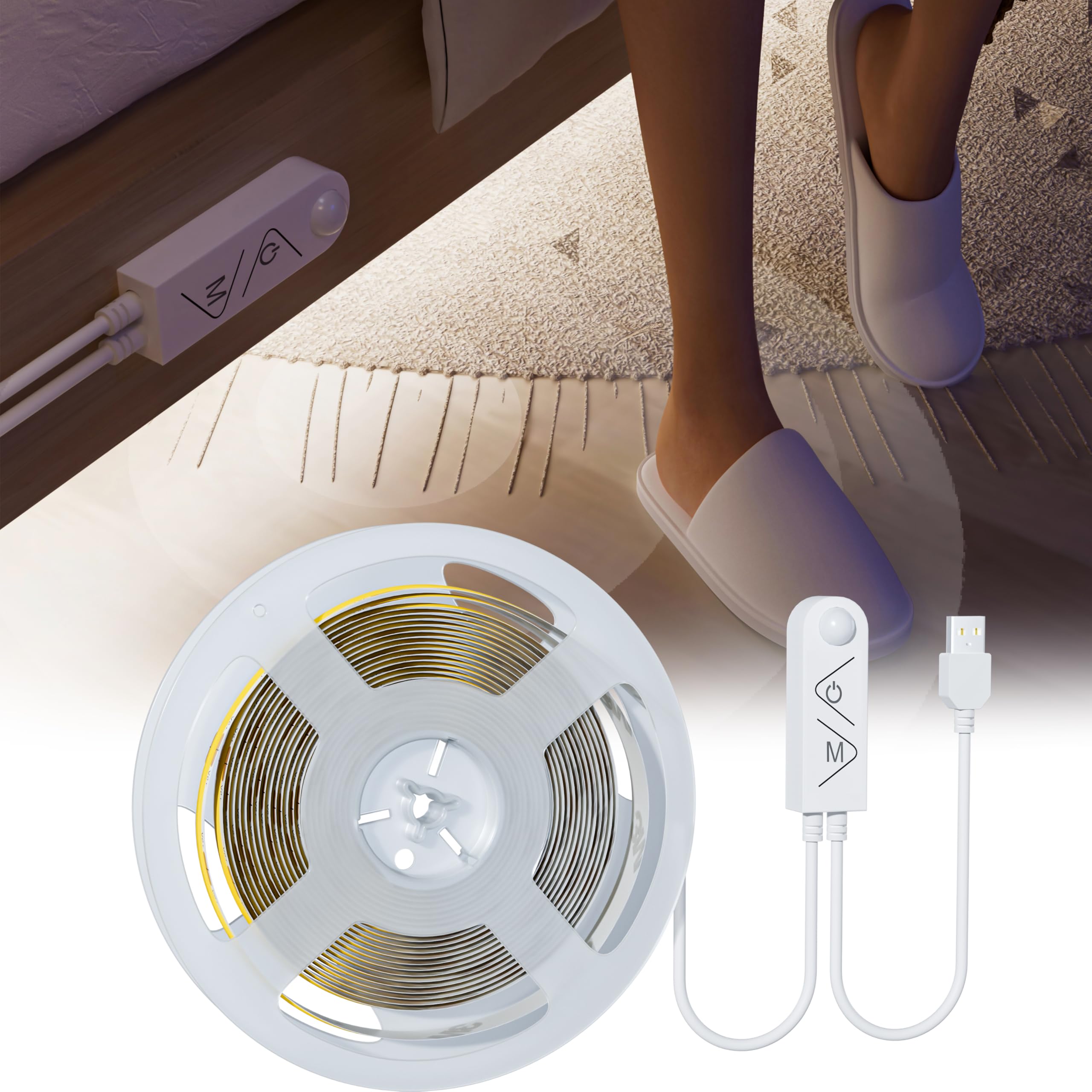 PAUTIX Motion Sensor USB COB LED Strip 3M Daylight White 6000K,5V Movement Activated Auto ON/Off LED Tape,Dimmable 960LEDs Bright Lights,PIR Sensing LED Strips for Stairs,Under Bed,Mirror,Cabinet