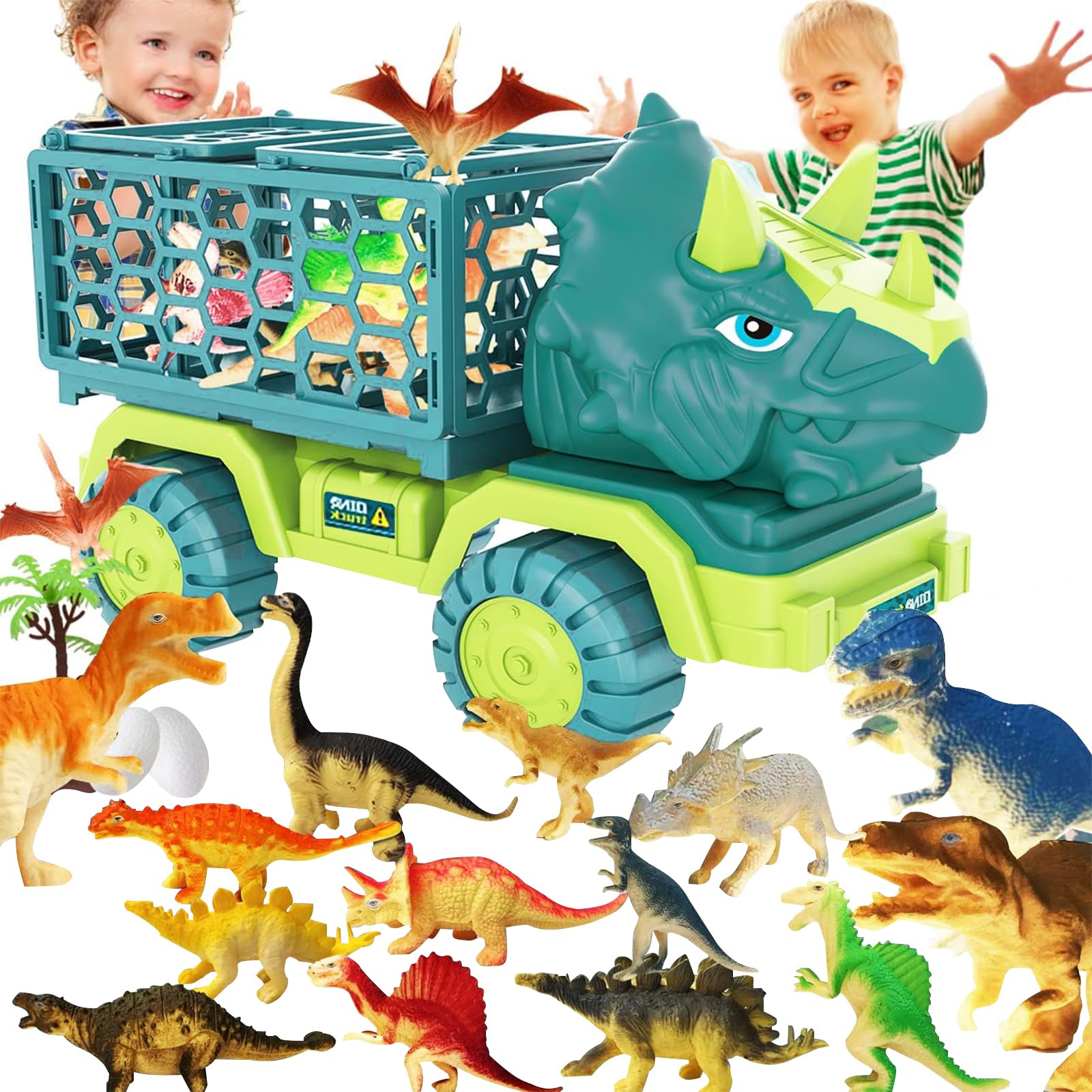 POPOYU 18 in 1 Dinosaur Truck Toys Boys,Large Triceratops Transport Car Carrier Truck with 12 Dino Figures, Activity Play Mat,Dinosaur Eggs and Trees,Capture Dinosaur Playset Boys Kids 3-5 Years Old