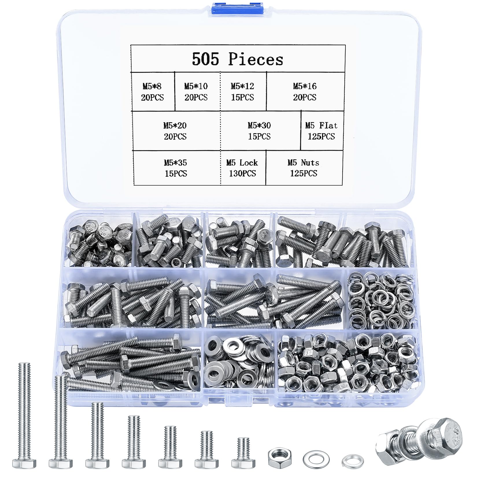 505 Pcs M5 Hex Bolts and Nuts Set, M5 Nuts and Bolts Set with Washers Set, Fully Threaded Machine Bolt and Hex Nut and Lock and Flat Washers Assortment Kit