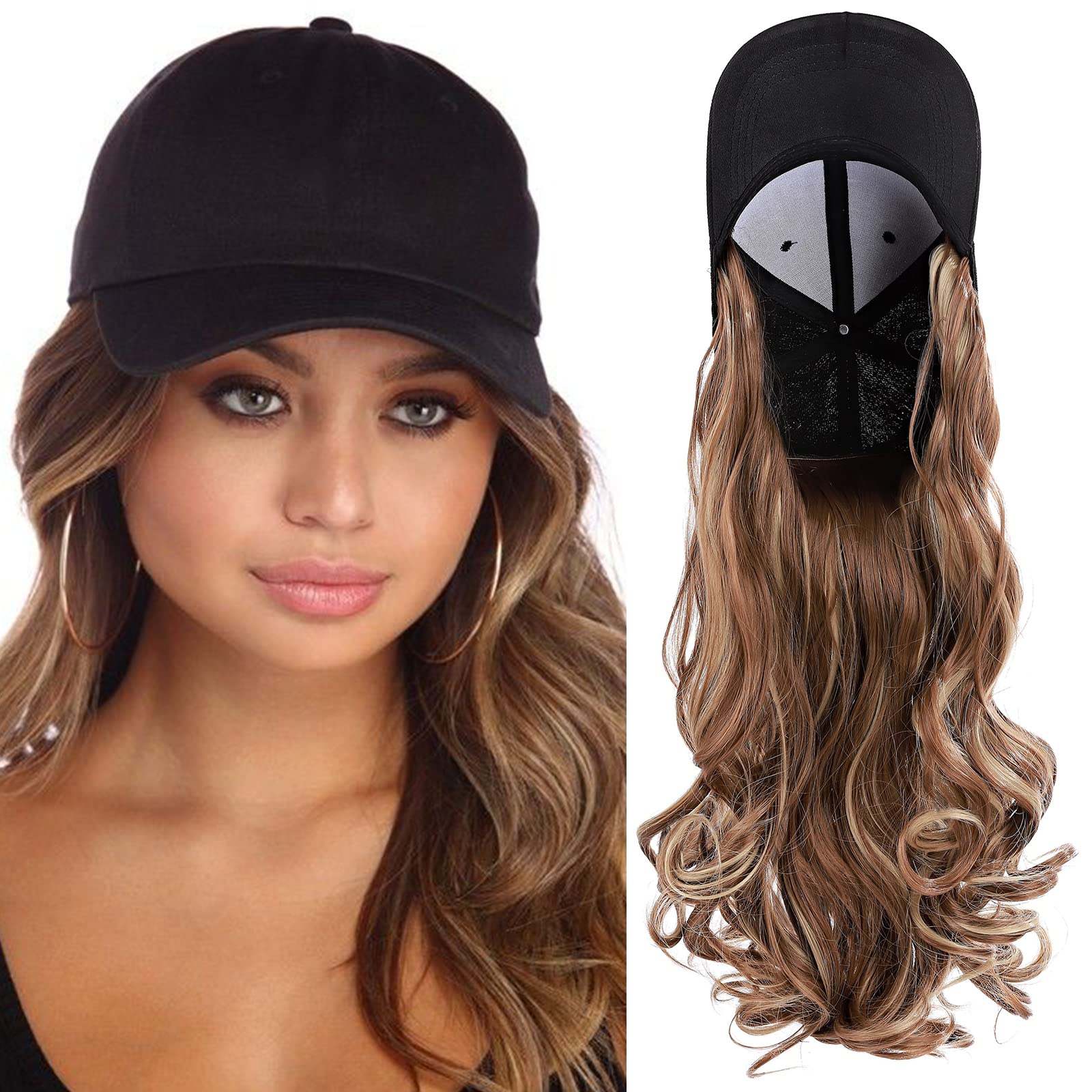 Photo 1 of S-noilite 16" Baseball Cap Wig with Hair Extensions - Curly Wavy Cap with Adjustable Strap - Light Brown & Ash Blonde