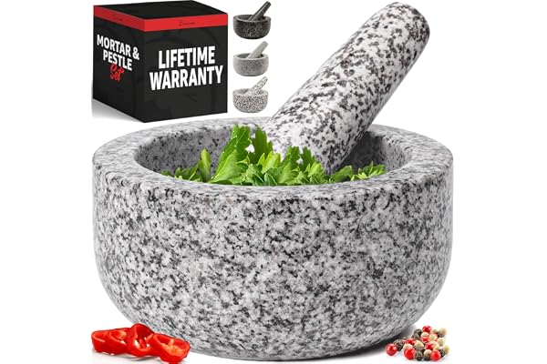 Priority Chef Heavy Duty Large 2 Cup Mortar and Pestle Set, 100% Natural Granite, 6.3 Inch Diameter Bowl, 6.5 Inch Pestle, No