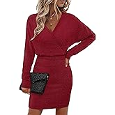 Bebonnie Womens Sexy V Neck Batwing Sleeve Sparkly Cocktail Party Sweater Dresses Holiday Bodycon Midi Dress