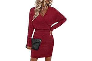 Bebonnie Womens Sexy V Neck Batwing Sleeve Sparkly Cocktail Party Sweater Dresses Holiday Bodycon Midi Dress