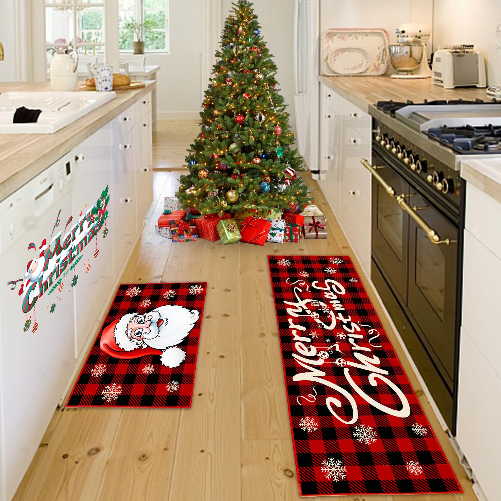 Kitchen Rugs Set 2 Piece,Christmas Kitchen Rugs,Christmas Kitchen Mats Sets Standing Floor Mat Non Slip Xmas Kitchen Mats for Bedroom, Living Room, Hallway, Kitchen (40x60+40x120cm, Christmas E)