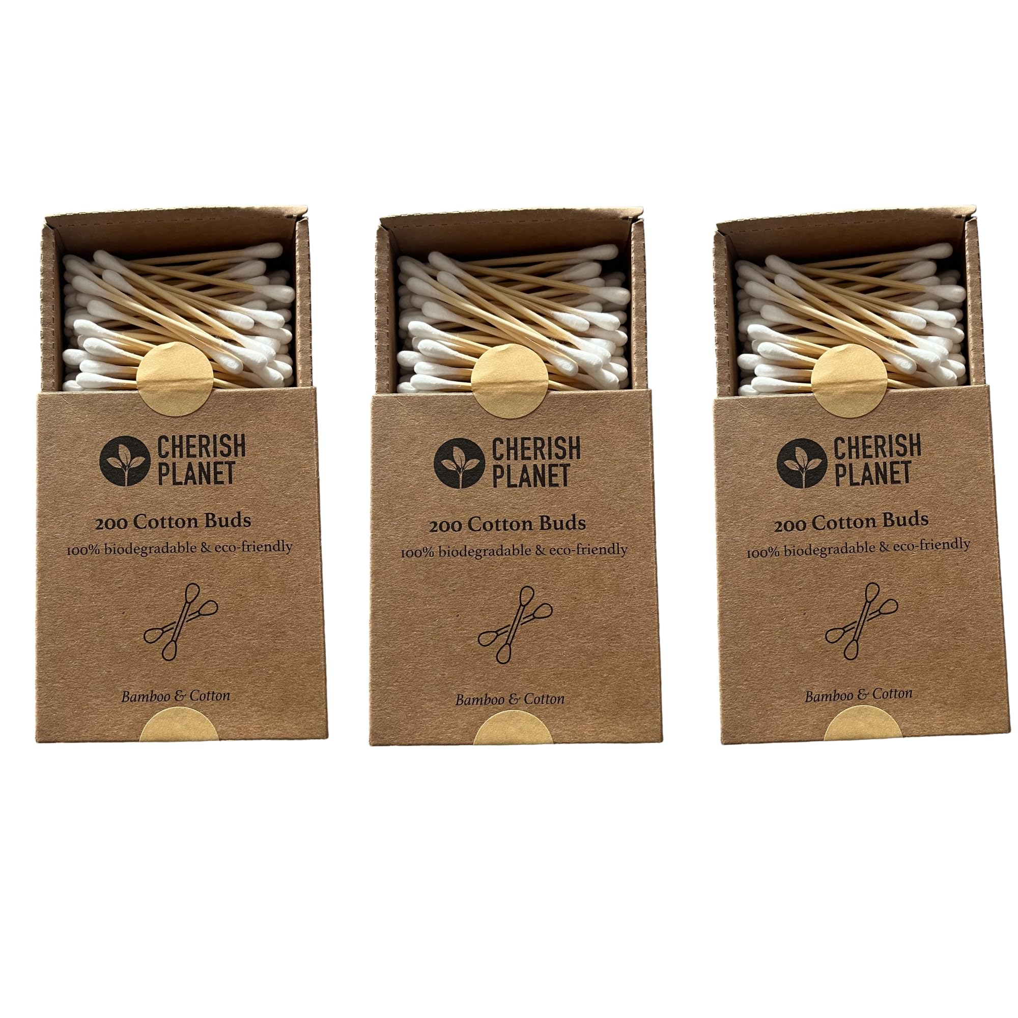 Cherish Planet Eco-Friendly Bamboo Cotton Buds, Biodegradable Cotton Swabs, 3 Pack (600 Total) - Hypoallergenic & Plastic-Free, 200 Buds Per Box
