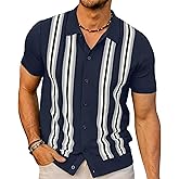 PJ PAUL JONES Mens Polo Shirts Vintage Striped Button Down Knitted Golf Shirts