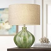 360 Lighting Gordy Modern Country Cottage Table Lamp with USB Charging Port 20.5" High Green Ribbed Ceramic Oatmeal Fabric Dr