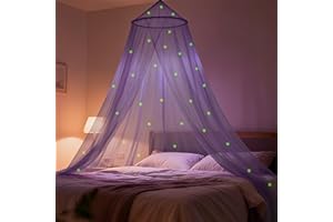 LionLively Purple Bed Canopy for Girls with Glow-in-The-Dark Stars, Princess Canopy Curtains Fits Single, Twin, Full, Queen Size Bed, Bedroom Accessories, Ceiling Tent
