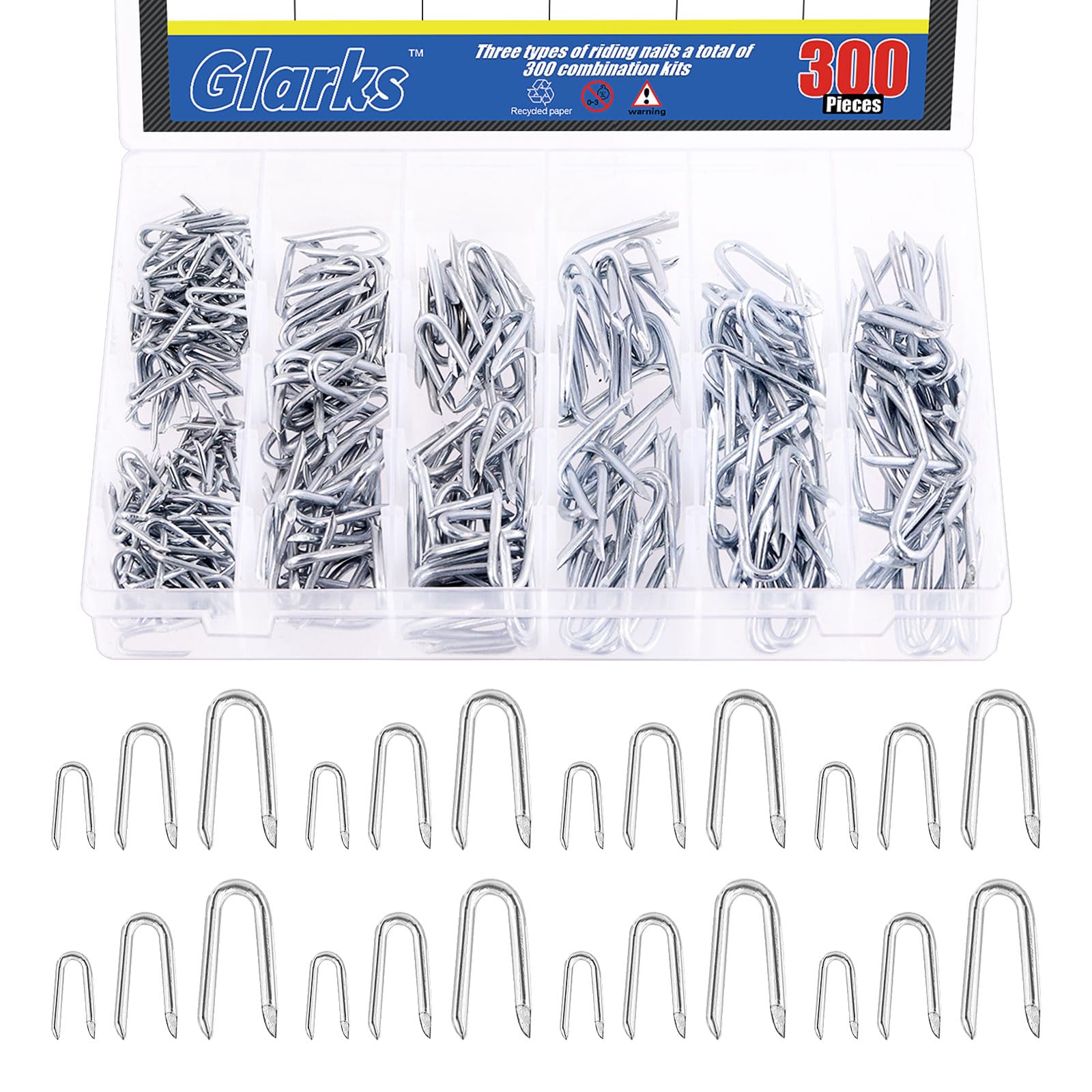GLARKS Heavy Duty Galvanized Wire Staples Set, 300Pcs Steel Wire Fence Staples in 3 Sizes, U Shaped Nails for Woven Fencing and Wire Mesh