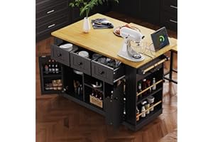 Amposei Kitchen Storage Island on Wheels with Drop Leaf & Power Outlet, Rolling Kitchen Island Cart with Open Side Racks, Door Shelves and Towel Bar, 53-Inch, Black