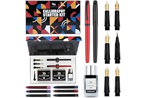 WORDSWORTH & BLACK Wordsworth and Black Calligraphy Pen Set - Black - Includes 2 Calligraphy Pens, 18 ML Ink Bottle, 60 Ink Cartridges, Ink Refill Converter, 1 Medium and 4 Broad Nibs, Brush Pen