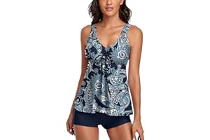 Omichic Modest Tankini Swimsuits for Women Two Piece Bathing Suits Floral Print Tank Top with Boyshorts