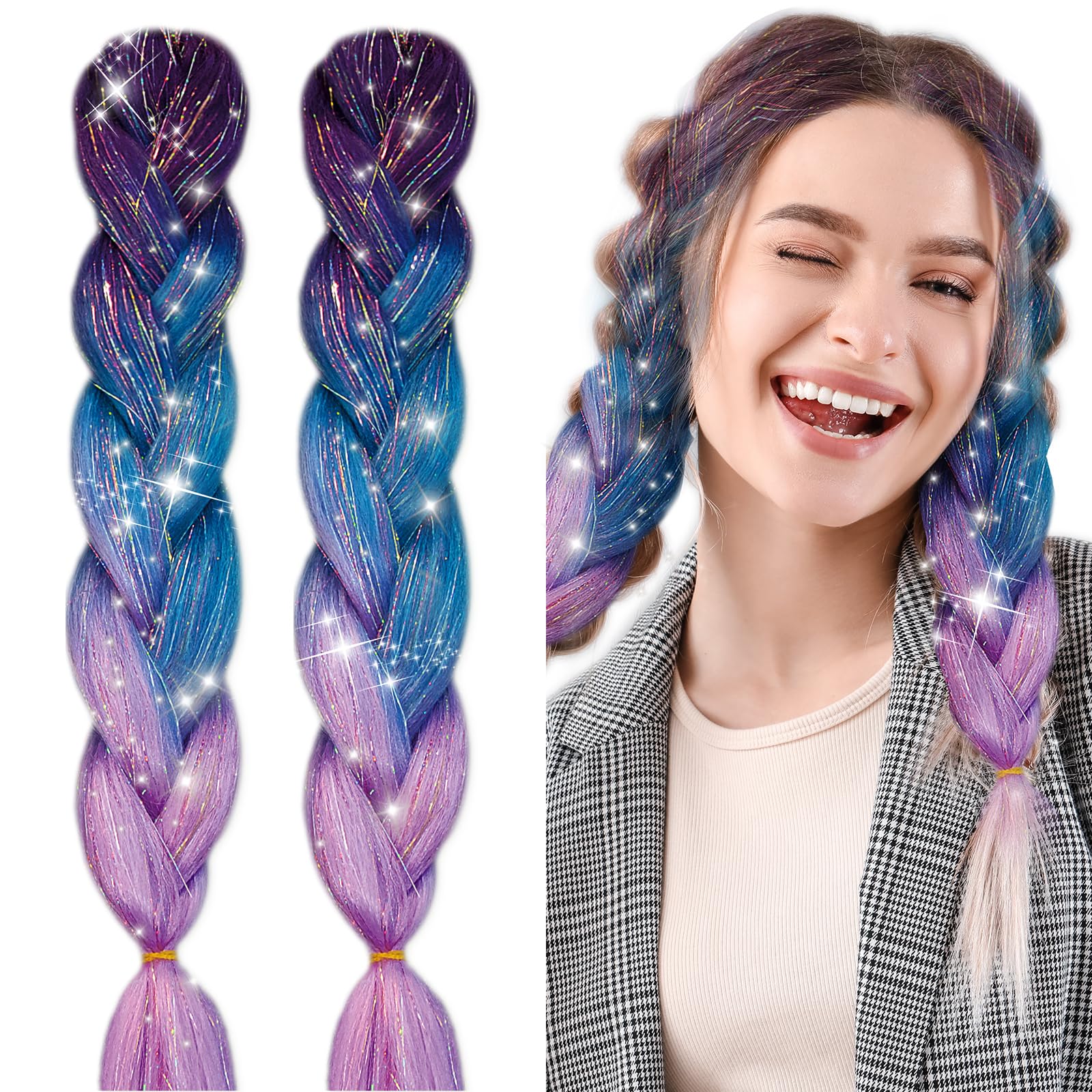 Photo 1 of Bordedor Braiding Hair Extension with Tinsel, Purple Hair Extensions Synthetic Colored Braiding 3 Tone for Girls Women,Box Braids Twist 24 Inch