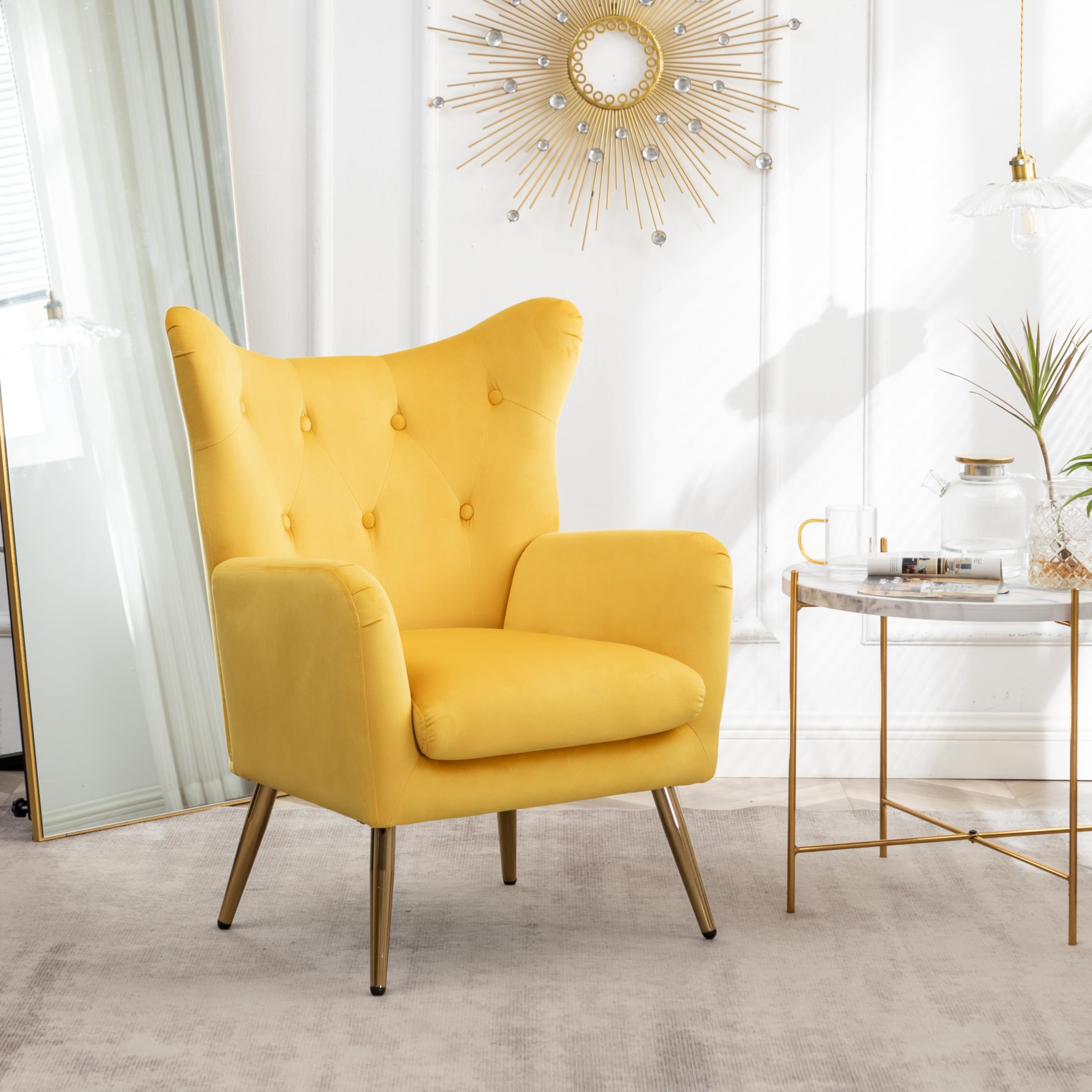 Photo 1 of Roundhill Furniture Sovarol Velvet Button-Tufted Wing Back Accent Chair, Yellow