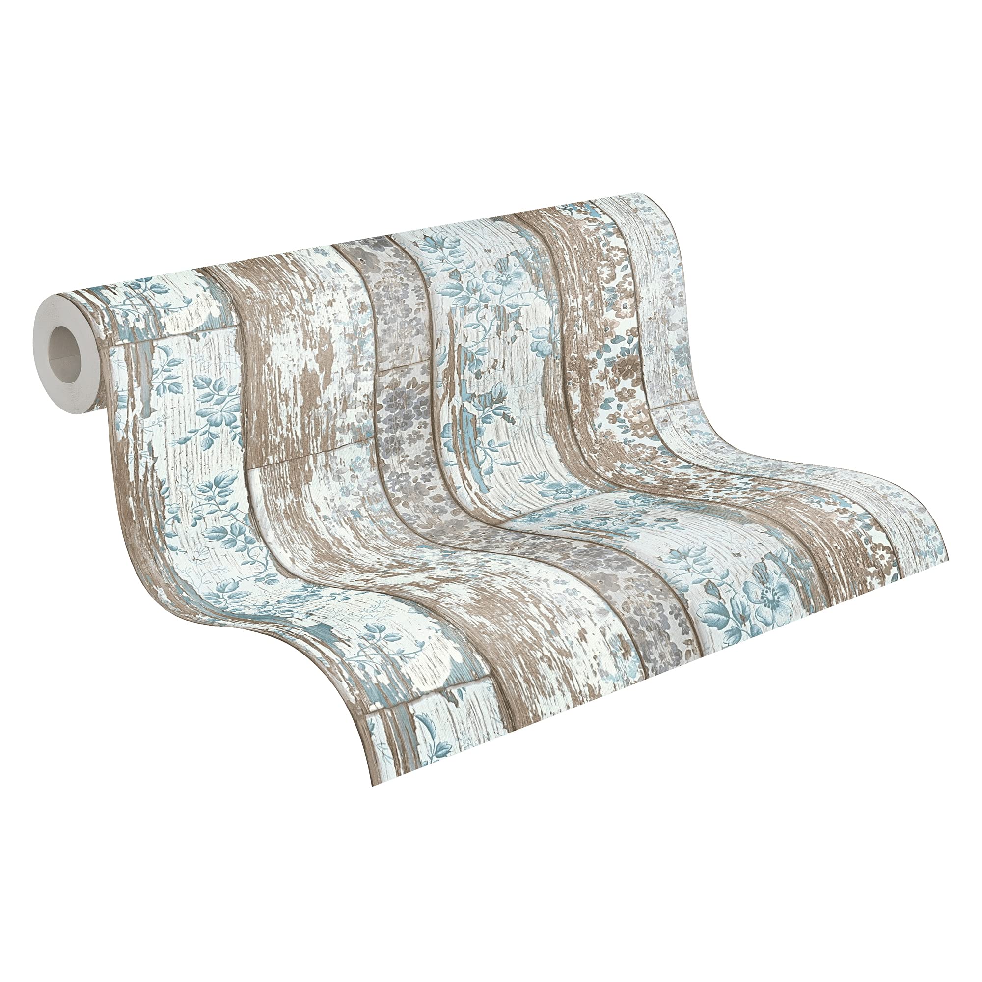 A.S. Creation Bude Flowers & Plants Wood Panel Scrapwood Effect Wallpaper 36119-1 Blue/Brown/Beige/Cream