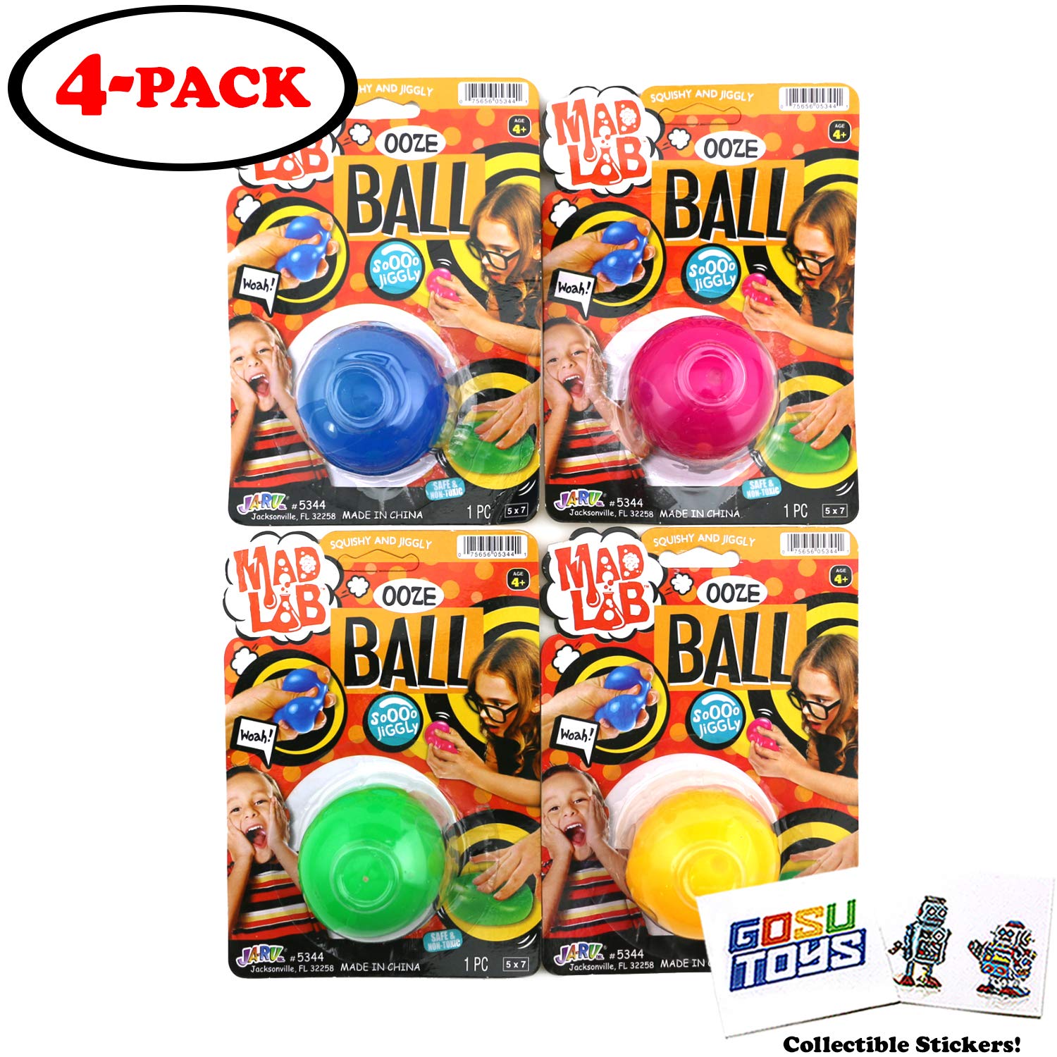 Mad Lab Squishy and Jiggly Toy Ooze Ball (4 Pack) Stretchy Stress Reliever Party Favor with 2 GosuToys Stickers