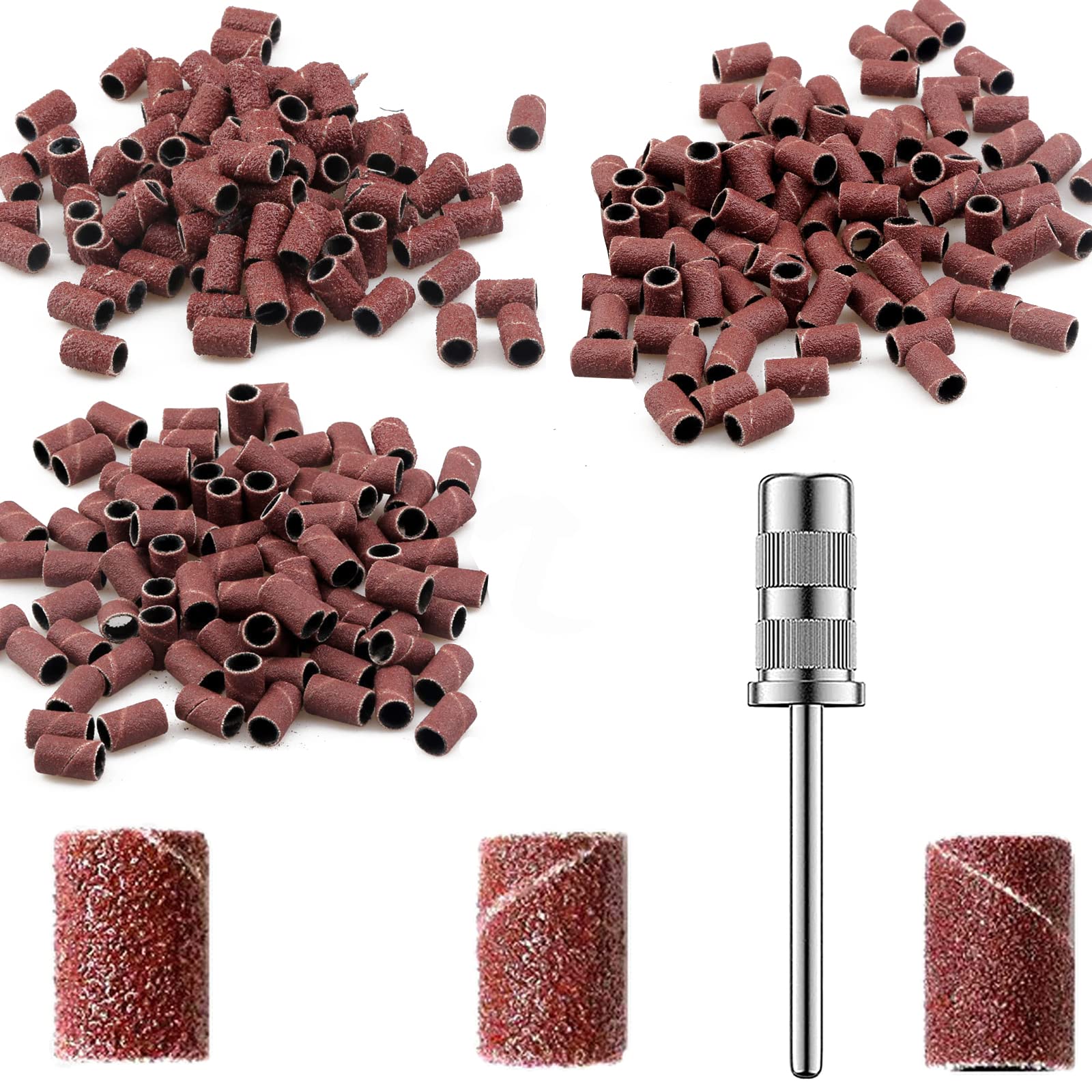 YUTOU Nail sanding caps, 150 pieces sanding sleeves with 1 piece nail drill, sanding sleeves, nail cutter attachment, 80/120/180 grit, for manicure, nail design, nail care, nail art