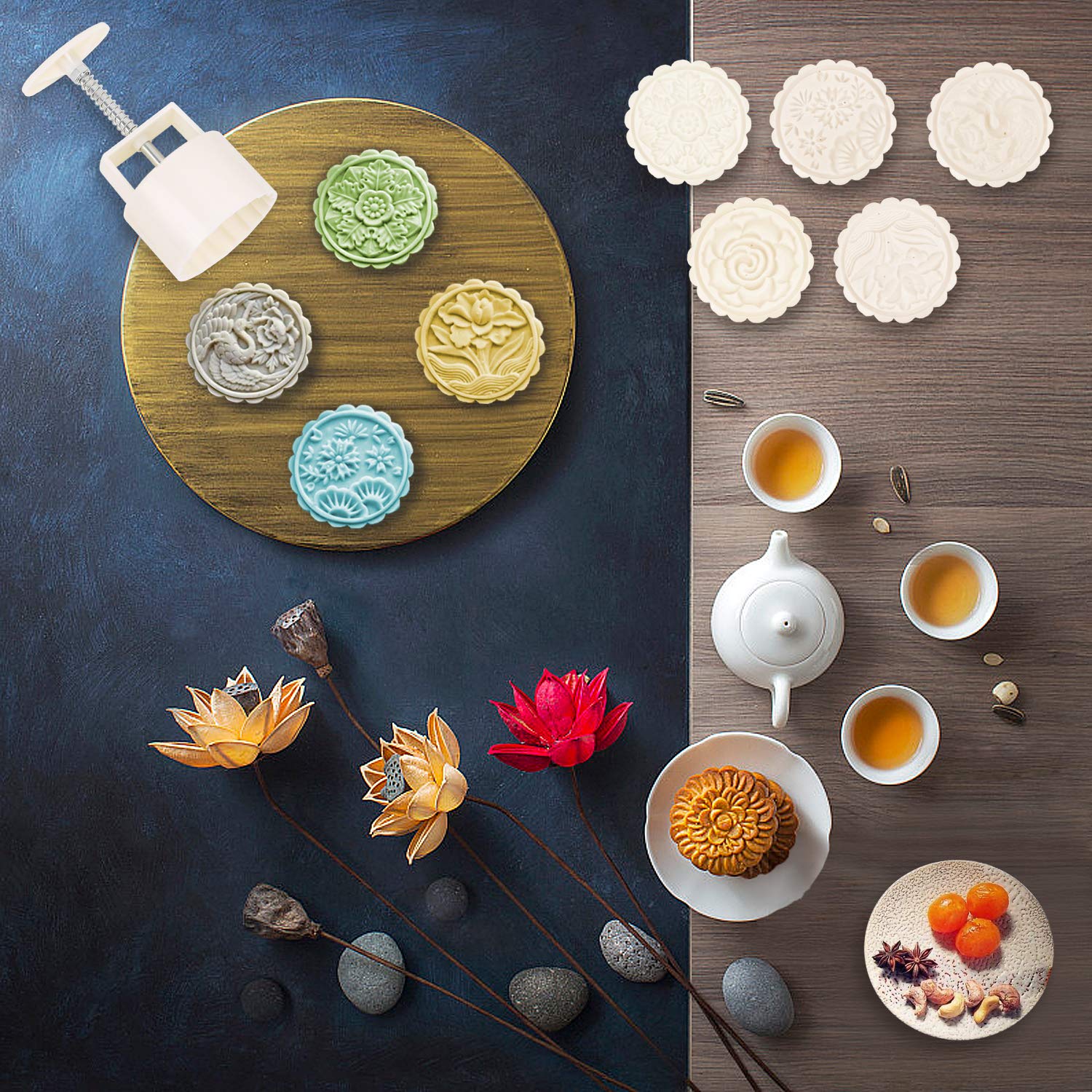 Mooncake Mold Cookie Stamps 125g, Mid-Autumn Festival Hand Pressure Moon Cake Maker DIY Dessert Mold