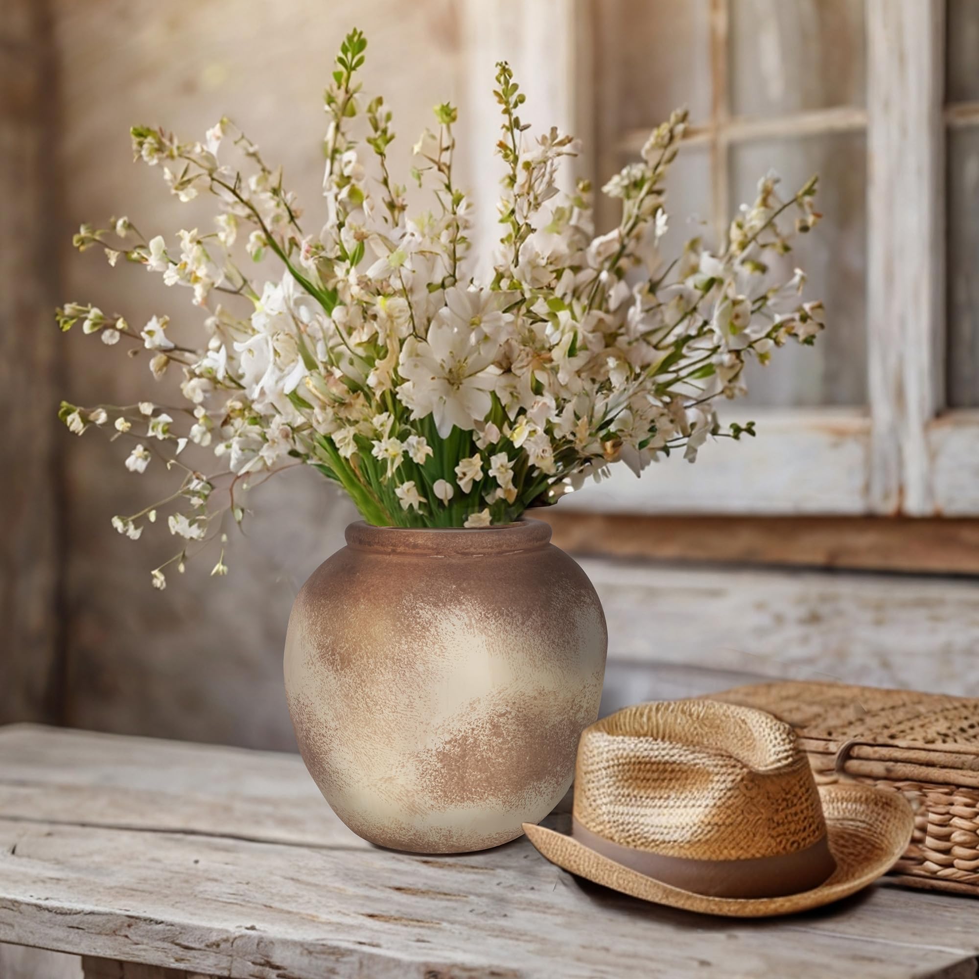 Rustic Ceramic Vase Distressed Farmhouse Vase Clay Vases Decorative Vases Terracotta Home Decor Vintage Pot No Flowers Included (6Inch Brown)