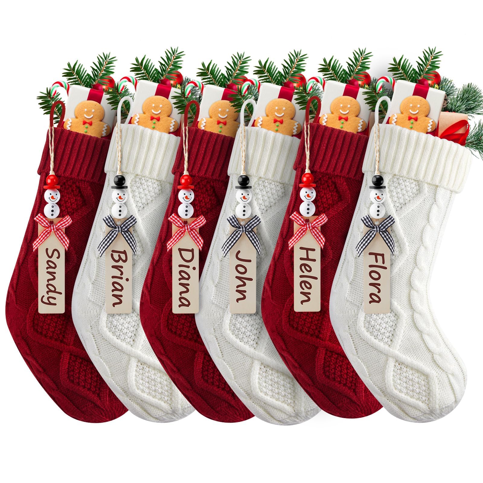Photo 1 of Minetom Personalized Christmas Stockings,18 Inches Custom Name Christmas Stocking with DIY Snowman Name Tags,6 Pack Knitted Xmas Stocking for Stair Fireplace Tree Hanging,Red and White