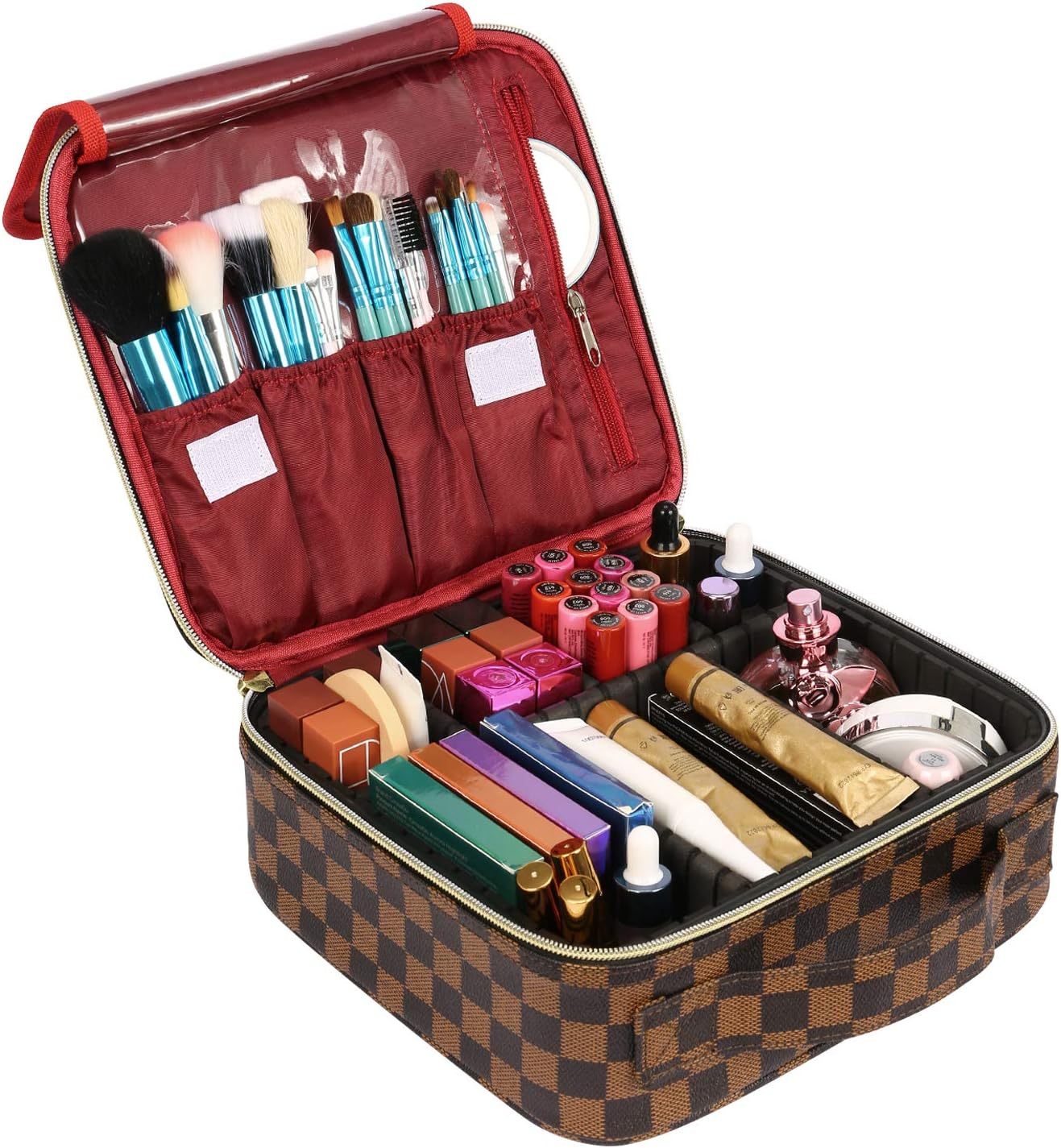 FOOXII Makeup Bag Travel Cosmetic Case Professional Train Case Large Make Up Storage Organizer for Women Girls, Brown