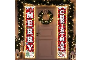 Yanleen Christmas Decorations Outdoor Merry Christmas Banner with String Lights Xmas Porch Door Welcome Sign Hanging Christmas Decor Indoor for Home Holiday Outdoor Wall Front Door Yard Garage